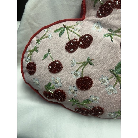 Valentine 16in Beaded Embroidered Cherry Heart Pillow - Picture 9 of 10